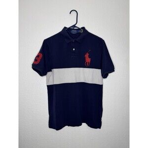 Polo Ralph Lauren Shirt Mens Medium Blue Banner Stripe Classic Crest #3 Big Pony